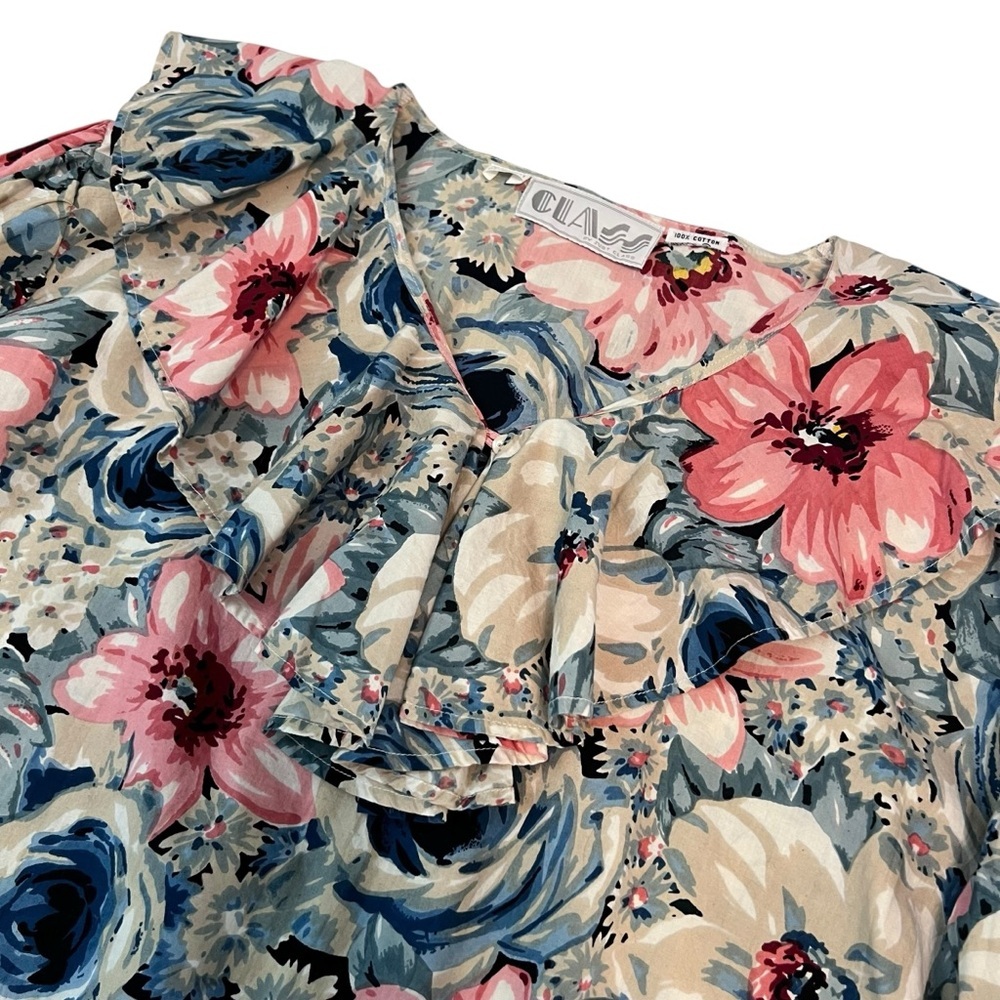 Vintage CLASS by Just Class Ruffle‎ Floral Blouse – 100% Cotton – Size XL